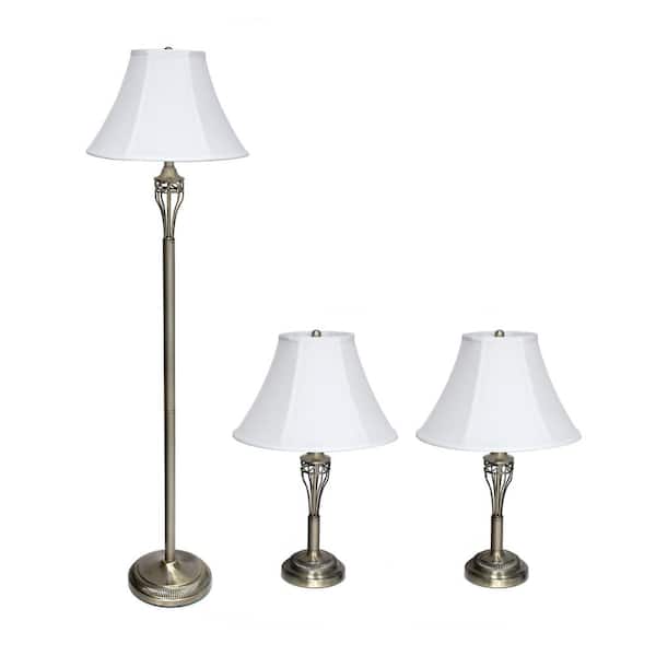 Lalia Home 60 in. Antique Brass Roma Classic 3 Piece Metal Lamp Set (2 Table Lamps, 1 Floor Lamp) with White Shades