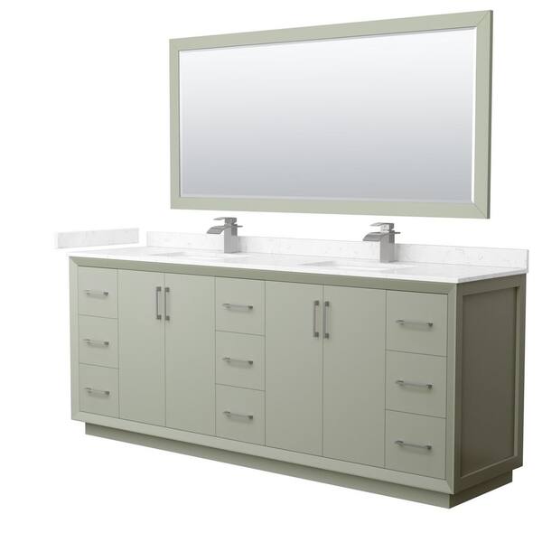 Wyndham Collection Strada 84 in. W x 22 in. D x 35 in. H Double Bath Vanity in Light Green with Carrara Cultured Marble Top and 70" Mirror