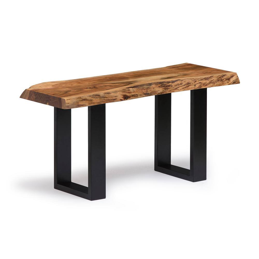 Alpine Natural Acacia Wood 39" Bench with Live Edge and Metal Coat Hooks