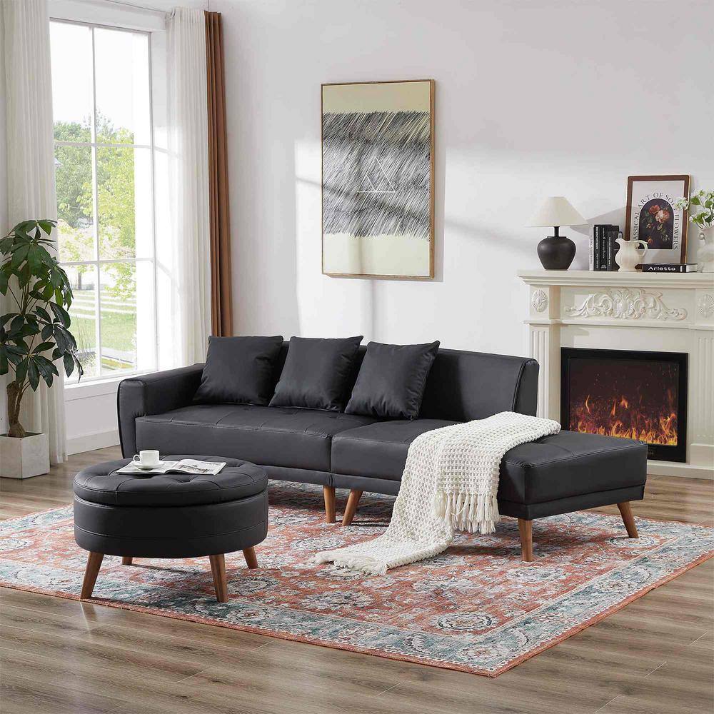 107 in. Square Arm Faux Leather Rectangle Sofa with a Round Storage Ottoman and Three Removable Pillows in. Black
