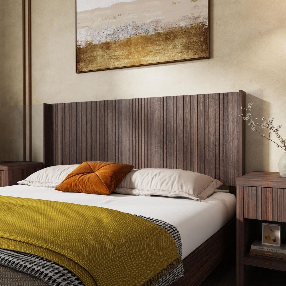 Jethro Modern Walnut Brown Wood Queen Wall Mounted Panel Headboard Only