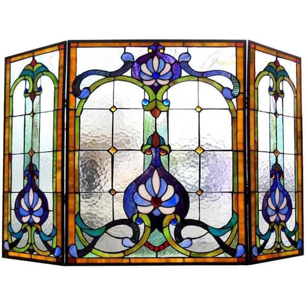 Multi Color Glass 3-Panel 44 in. Folding Fireplace Screen with Doors great for adding safety with elegance,