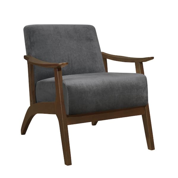 Benjara Gray and Brown Velvet Arm Chair with Cushioned Seat and Wooden Armrest