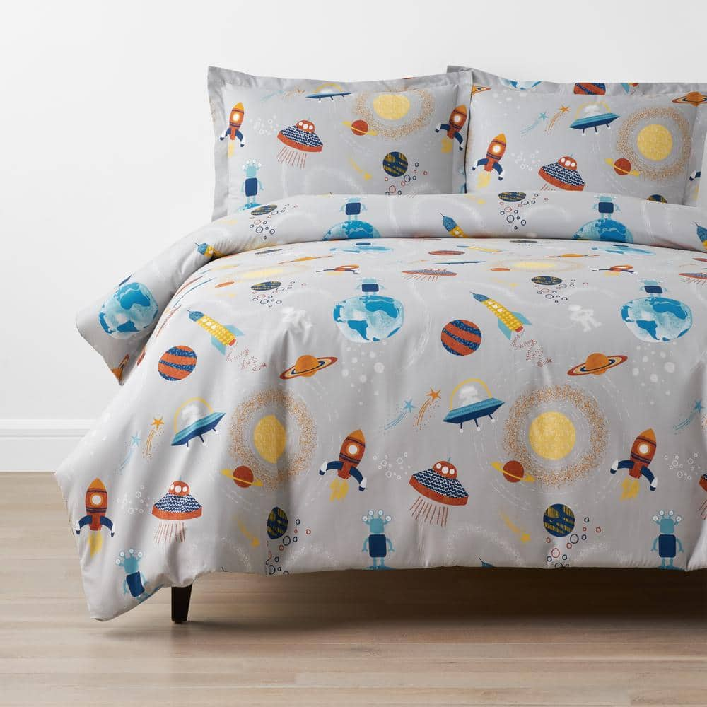 Company Kids Space 2-Piece Gray Multicolored Organic Cotton Percale Twin Duvet Cover Set -  Company Kids by The Company Store, 35046N-T-GRAY-