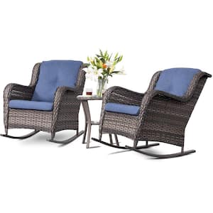 3-Piece Brown Wicker Patio Rocker Outdoor Bistro Sets with Blue Cushions and Matching Side Table