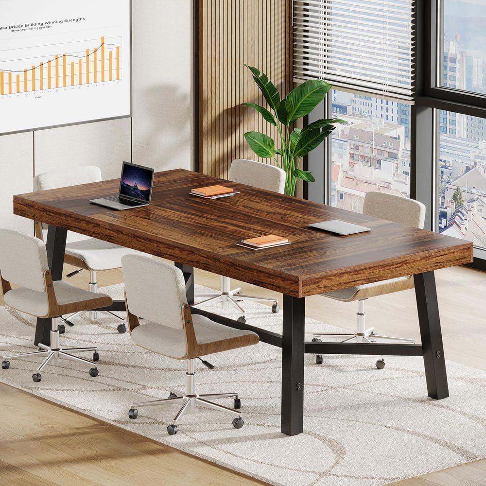 71 in. Rectangular Brown Black Wood Conference Table for 6 to 8 People, 6 ft. Large Office Desk Computer Desk Metal Legs
