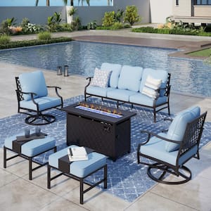 Black Meshed 7 Seat 6-Piece Metal Steel Outdoor Fire Pit Patio Set with Blue Cushions, Black Rectangular Fire Pit Table