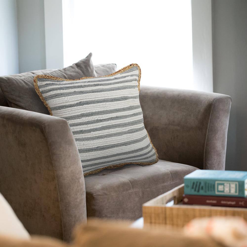 Gray and White Striped Cotton Throw Pillows with Braided Border, Set of 2
