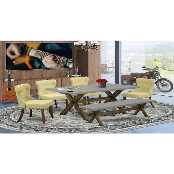 East West Furniture 6-Piece Rectangle Natural Oak Finish Solid Wood Top Dining Table with 1-Bench, 4-Chairs with Lattice Back