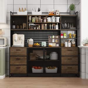 Brown Wood 70.9 in. W Buffet Sideboard Kitchen Pantry Cabinet For Dining Room with Metal Mesh Doors, 6-Drawers, Shelves