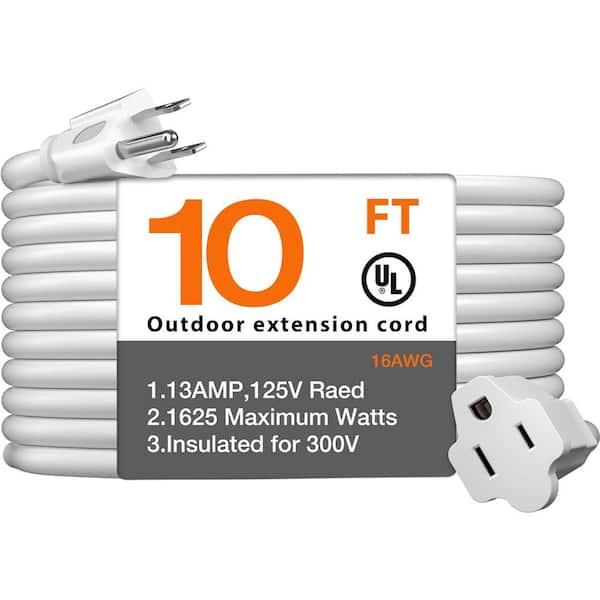 10 ft. 16/3 Heavy Duty Outdoor Extension Cord with Flexible Long Wires, White (1-Pack)