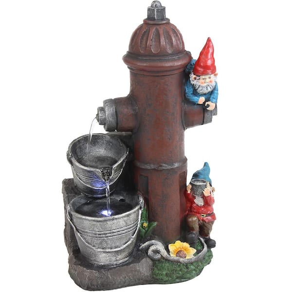 Sunnydaze 16 in. Fire Hydrant Gnomes Outdoor Tiered Water Fountain with LED Light
