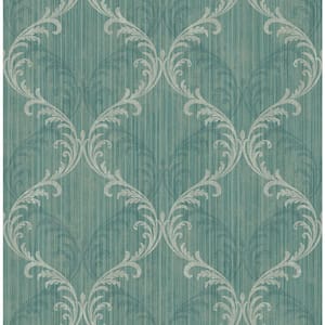 Ornament Striped Damask Green and Beige Paper Strippable Wallpaper Roll (Cover 56.05 sq. ft. )