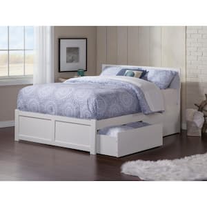 Orlando White Queen Solid Wood Storage Platform Bed with Flat Panel Foot Board and 2 Bed Drawers