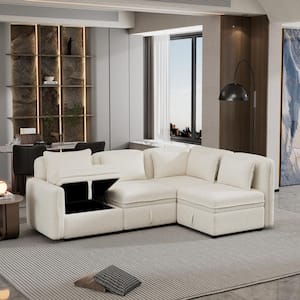 122.8 in. W Minimalist Straight Arm Chenille Modular Sectional Sofa in. Cream with 5 Pillows and Storage