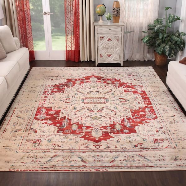 Marquis Red 8 ft. x 10 ft. Modern Farmhouse Medallion Polypropylene Area Rug