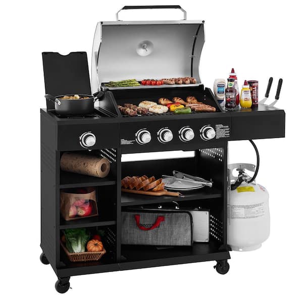 4-Burner Propane Gas Grill with Side Burner, Multi-Layer Storage Shelf, Electronic Ignition, Silver & Black, 512 Sq. In.