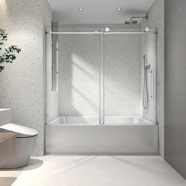 60 in. W x 63 in. H Soft-Closing Sliding Frameless Shower Door with 5/16 in. Clear Glass in Brushed Nickel