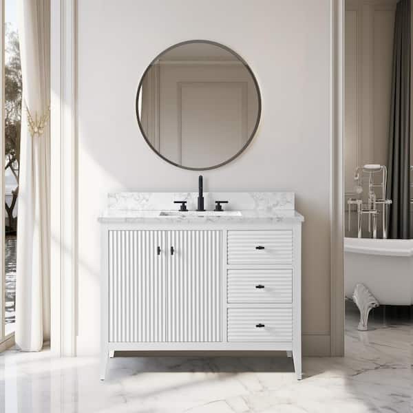 Vanity Art 42 in. W x 22 in. D x 38 in. H Single Sink Bathroom Vanity Cabinet in Linear White with Engineered Marble Top