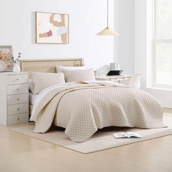 All-Season 3-Piece Beige Solid Color Debossed Flower Microfiber Full/Queen Quilt Set