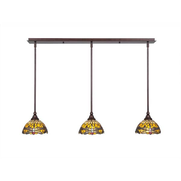 Unbranded Livingston 100-Watt 3 Light Bronze, Linear Pendant Light with 7 in. Art Glass Glass Shades No Bulbs Included