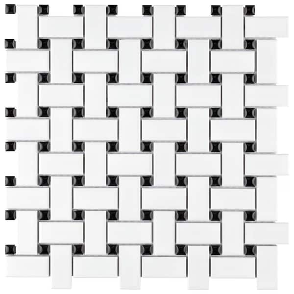 Merola Tile Metro Basketweave Matte White with Cobalt Dot 11-3/4 in. x 11-3/4 in. Porcelain Mosaic Tile (19.58 sq. ft./Case)