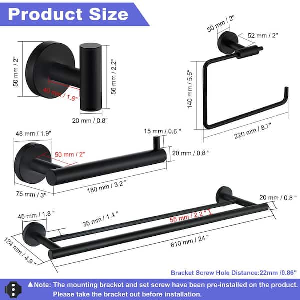 5-Piece Black Bathroom Hardware Set – 16-Inch Towel Bar, Toilet Paper Holder, Towel Hook, And 2 Adhesive Hooks – Matte Black Stainless Steel Accessories