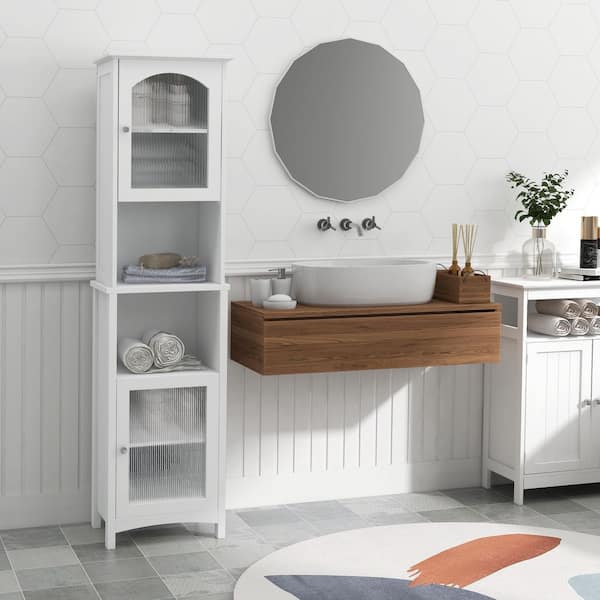 URTR Modern White Narrow Tall Slim Floor Cabinet with 2 Glass Doors and Adjustable Shelves for Bathroom, Entryway, Kitchen