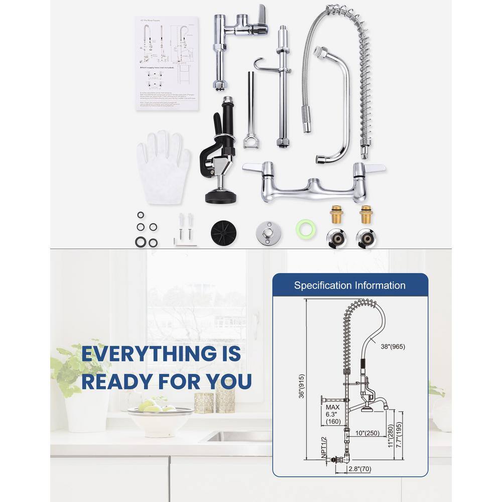 Chrome Brass 36-Inch Commercial Kitchen Faucet with Pre-Rinse Sprayer