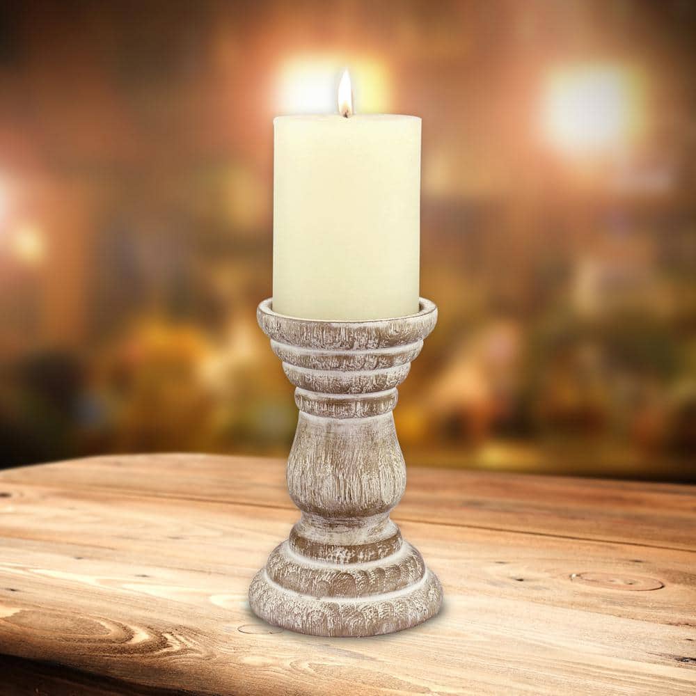 Coastal Cottage 6" White Washed Wood Pillar Candle Holder