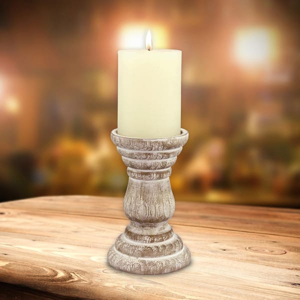 Stonebriar Collection 6 In H, Distressed White Wooden Pillar Candle Holders