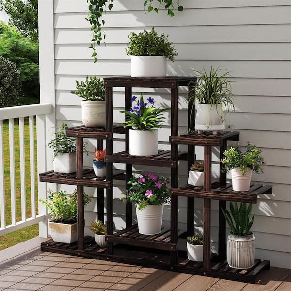 6-Tier Carbon Baking Wood Outdoor Plant Stand Plant Display Rack Multifunctional Storage Shelf