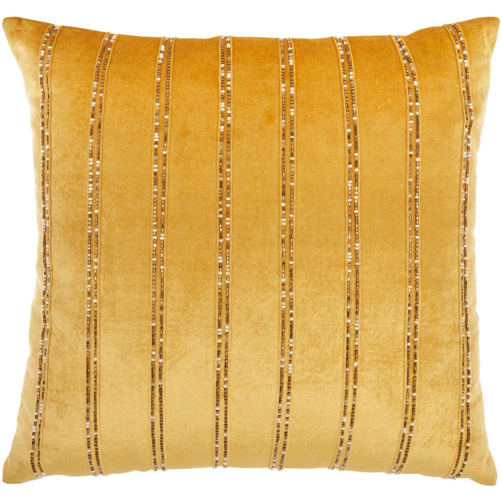 20" Gold Velvet Beaded Striped Square Throw Pillow