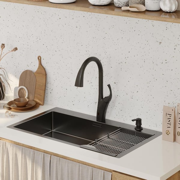 3-Spray Patterns 1.8 GPM Touchless Single Handle Pull Down Sprayer Kitchen Faucet with Soap Dispenser in Matte Black