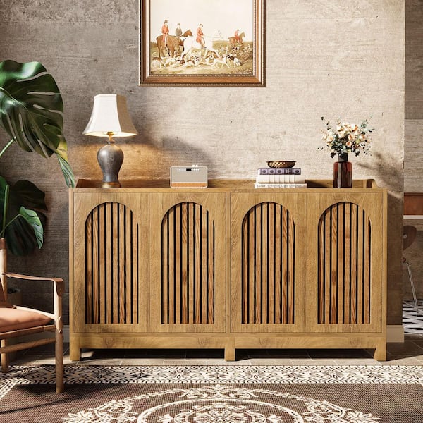 BYBLIGHT Ahlivia Light Brown 33.46 in.  H Accent Cabinet Storage Cabinet with 3-Shelves with Shutter Doors and Adjustable Shelf
