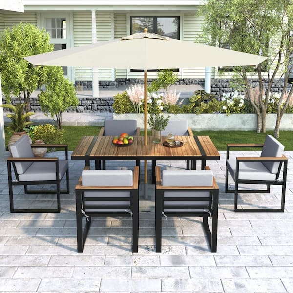 Sudzendf 7-Piece Wood Outdoor Conversation Patio Furniture Set with Gray Cushions