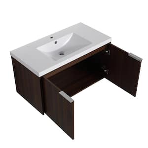 35.40 in. W Floating Wall-Mounted Bath Vanity in California Walnut with White Resin Top