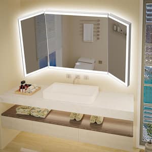 54 in. W x 36 in. H Rectangular Framed Tri-Fold Backlit Front LED Wall Bathroom Vanity Mirror, Defog, Magnifier,Dimmable