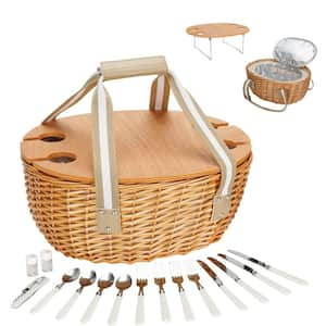 4-Person Wicker Picnic Basket Set with Folding Table and Large Insulated Cooler Bag for Camping