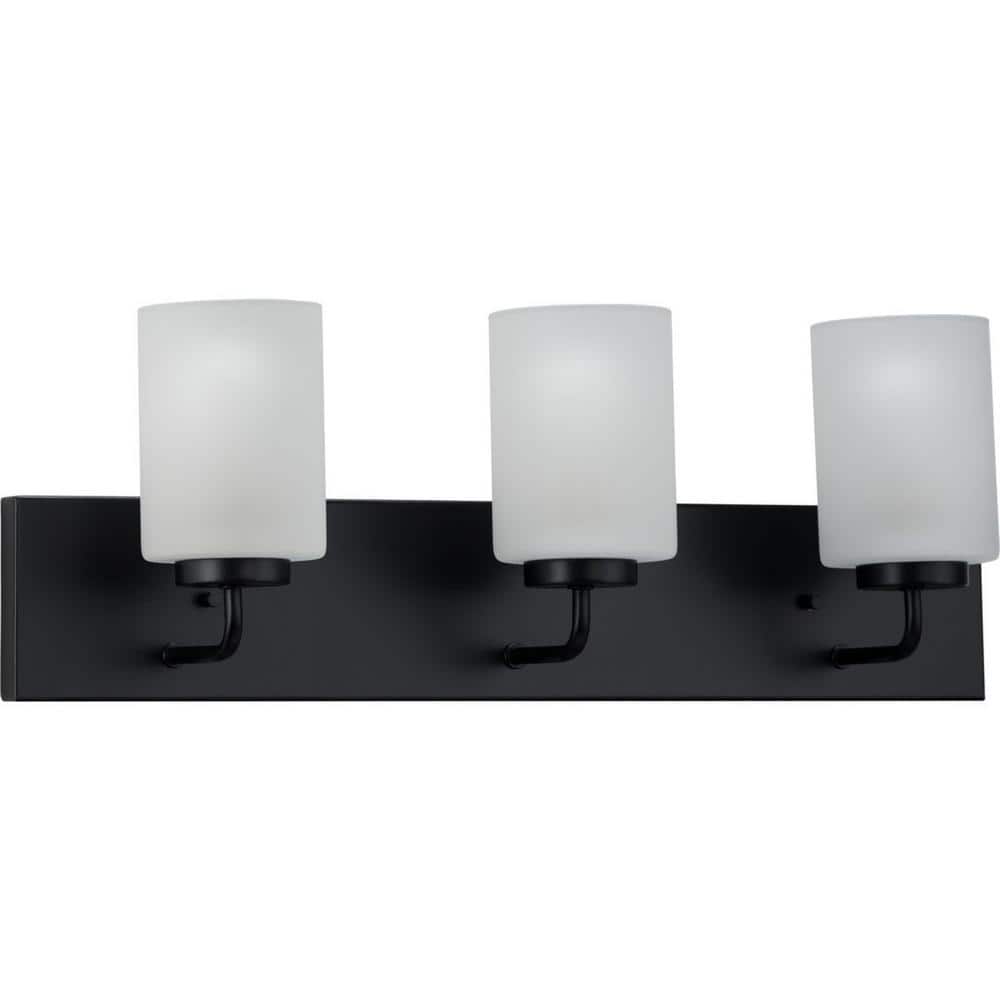 Matte Black 3-Light Bath Vanity with Etched Glass Shades