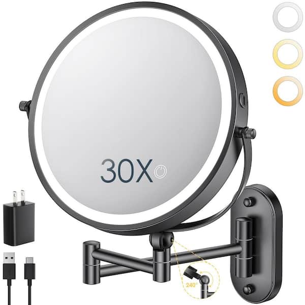 9 in. W x 9 in. H Round Wall Mounted Double Sided 1X 30X Magnifying Bathroom Makeup Mirror in Black with 3 Color Lights
