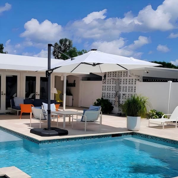 9 ft. Square Aluminum Outdoor Patio Cantilever Umbrella Offset 360° Rotation Umbrella with Base, White
