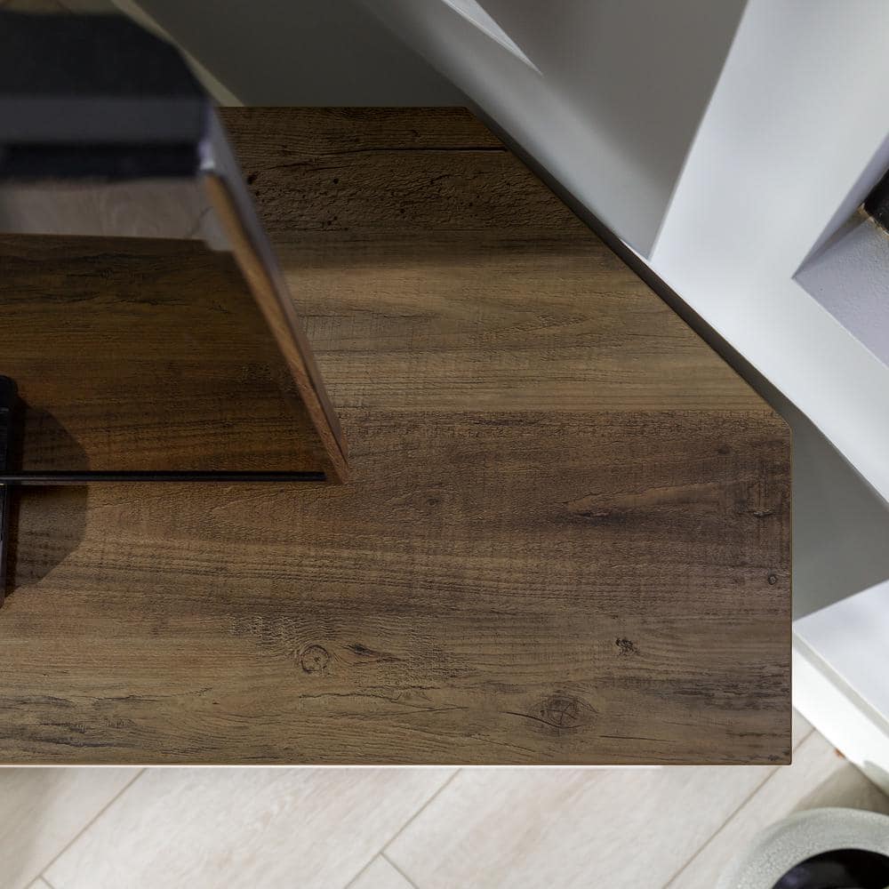 White and Brown MDF Corner TV Stand with Sliding Barn Doors