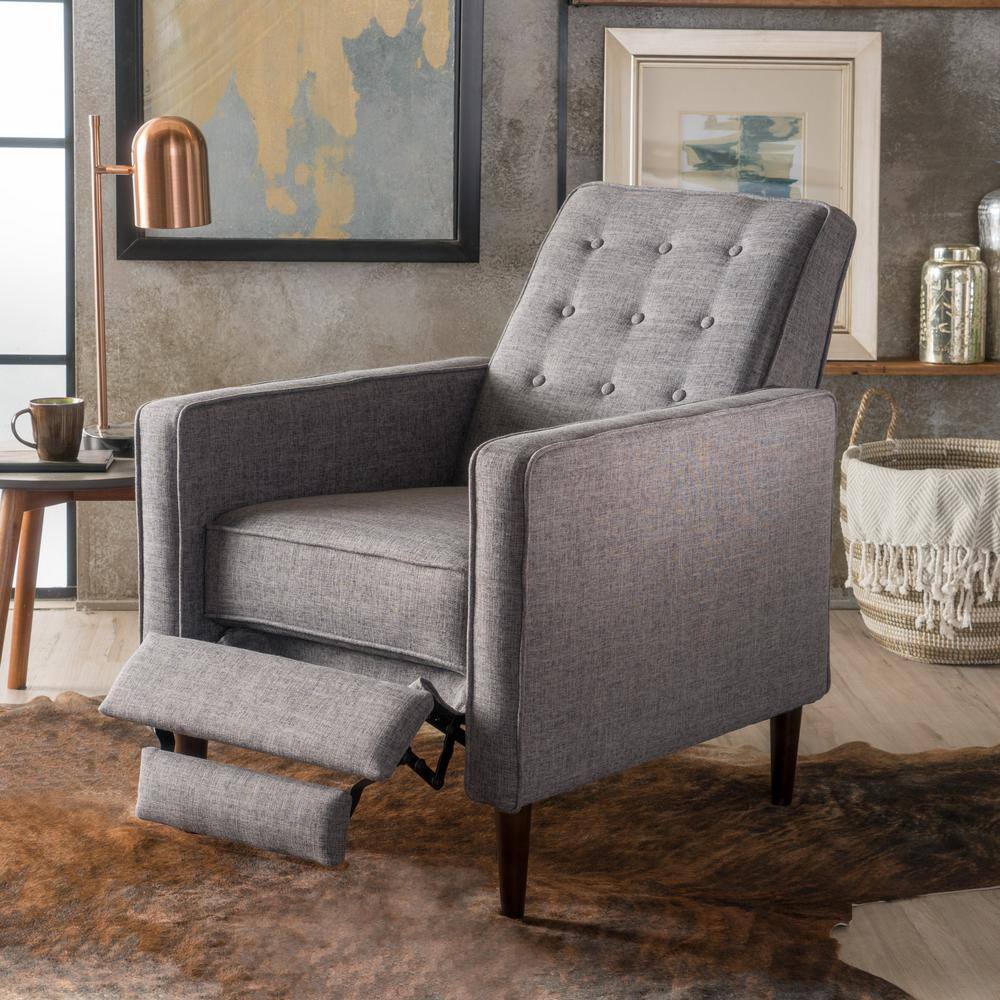 Gray Mid-Century Birch Wood Recliner with Tufted Back