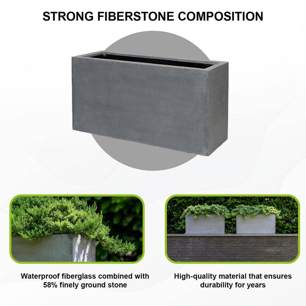 Elegant Fiberstone Rectangular Planter, 16"x32"x12", Glossy Grey
