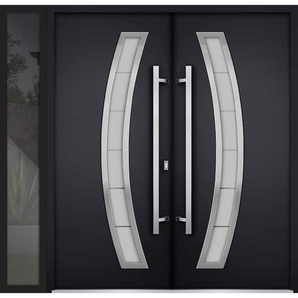 VDOMDOORS 6500 84 in. x 80 in. Right-hand/Inswing Sidelite Tinted Glass Black Enamel Steel Prehung Front Door with Hardware