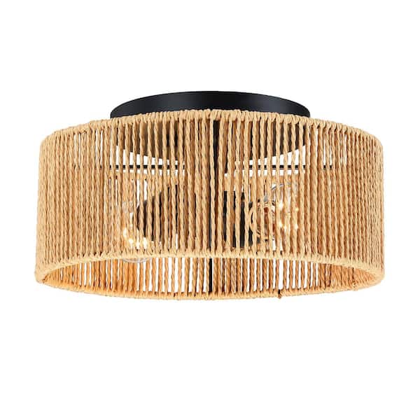 Hukoro 12 in. 2-Light Matte Black Modern Flush Mount with Natural Paper Shade No Bulbs Included