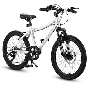 20 in. White Steel Kids Bike, Mountain Bike, 7-Speed Teenager Children Kids Bicycles, Front Suspension Disc U Brake