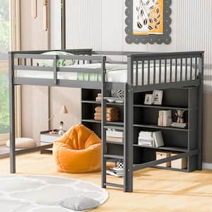 Gray Wood Frame Full Size Loft Bed with 8-Open Storage Shelves and Built-in Ladder
