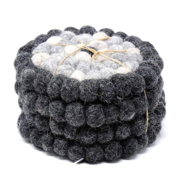 Global Craft Felt Flower Black/Grey Ball Coasters (4-Pack)